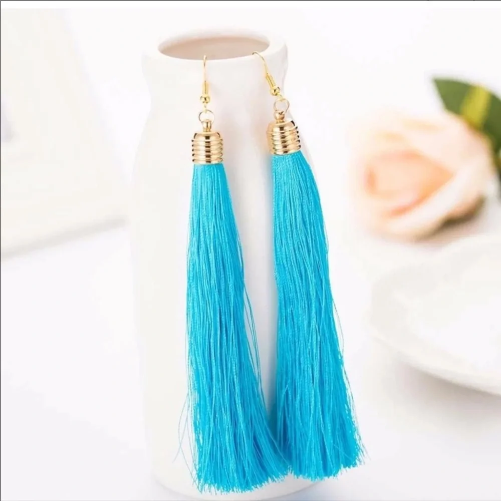 NWT Vibrant Blue Drop Tassel Earrings - Picture 1 of 2